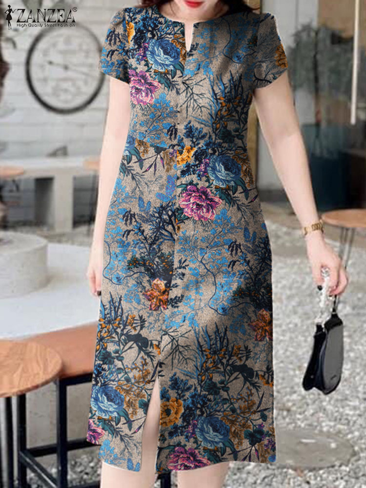 Sundress Midi Floral - ZANZEA-Robe mi-longue rétro à manches courtes
