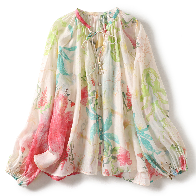 Tie Front Shirt - Chemisier ample en coton à manches