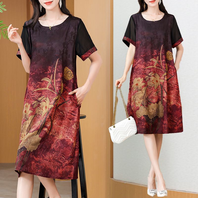 Summer Clothing Over 60 - Robe imprimée mi-longue élégante style maman,