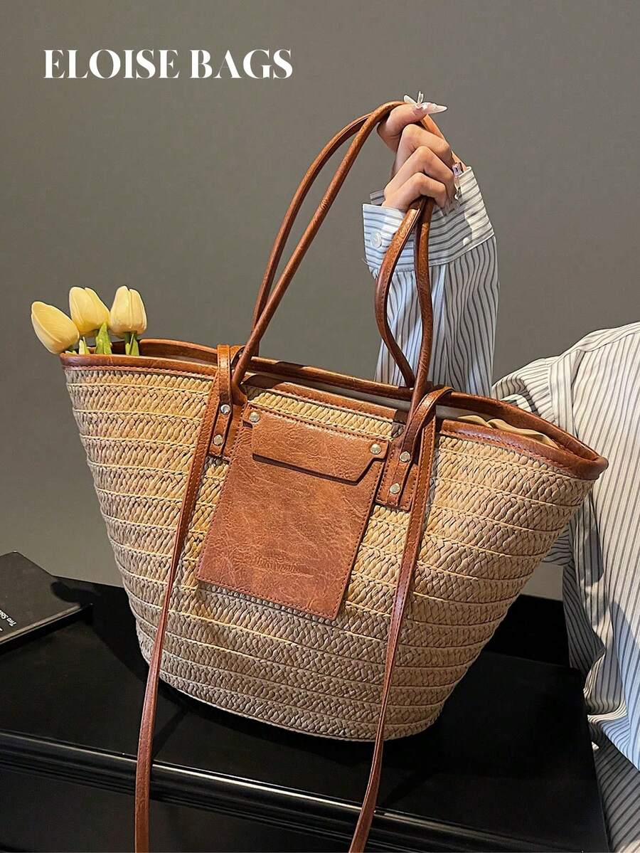 Beach Bag Straw - Sac fourre-tout tissé de grande capacité,