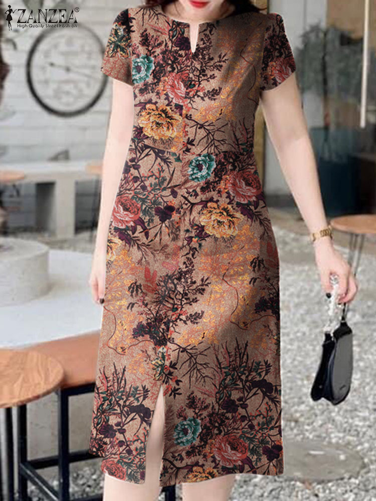 ZANZEA-Robe mi-longue rétro à  - Sundress Midi Floral avis et prix